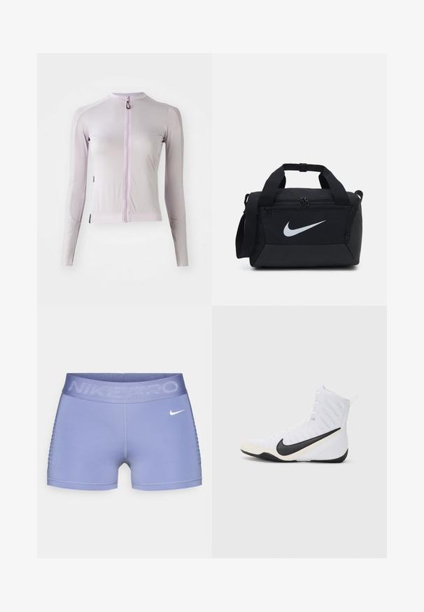 Šviesiai levandų spalvos ilgos rankovės sportinė palaidinė, pagaminta iš dryžuoto audinio. Turi priekinį užtrauktuką ir figūrą pabrėžiantį dizainą su akcentinėmis siūlėmis.; Nike Pro kompresiniai šortai šviesiai violetinės spalvos, su plačia juosmens juosta, ant kurios puikuojasi "NIKE PRO" tekstas, lygia tekstūra ir raštuotais šonų akcentais.; Nike sportiniai batai balti su juodu swoosh. Su aukštu dizainu, tekstūruotu paviršiumi ir patvariu guminiu padu.; Juodas sportinis krepšys su lygiu audiniu, dviem užtrauktukais užsegamais skyreliais, paminkštintomis rankenomis ir dideliu baltu Nike logotipu priekyje.