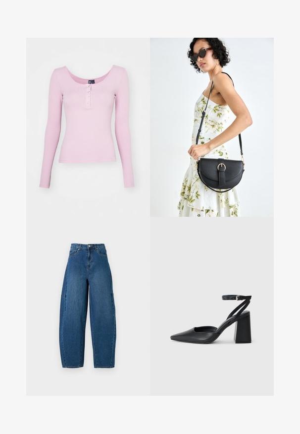 Rosa ribbet langermet topp med scoop-hals og fem trykknapper foran. Glatt tekstur med en tettsittende design.; Denimjeans i en middels blå vask, med høy midje, vide ben og standard fem-roms design med synlige sømdetaljer.; Svart lær pumps med spiss tå, ankelrem og kraftig hæl. Flat tekstur, strømlinjeformet design og minimalisme.; Svart lærveske med en buet form, avtagbar stropp og gullbeslag. Vesken har et klaff med spenne-detall.