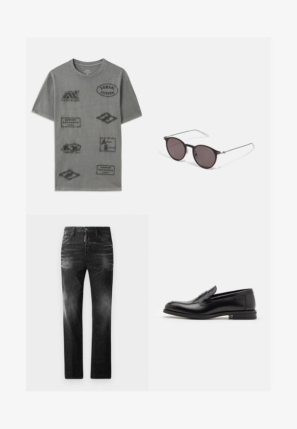 Harmaa puuvillapaita, jossa on useita kohokuvioituja tietokappaleita, joissa on "Armani Exchange" -brändäys eri muodoissa ja kooissa. Pyöreä kaula-aukko.; Mustat denimfarkut suoralla istuvuudella. Ominaisuuksiin kuuluu haalistuneita alueita, pieniä kulumia, klassinen viiden taskun malli sekä nappisulku.; Mustat nahkakengät, joissa on sileä pinta, pyöreä kärki ja koristeellinen nauha jalkapöydän yli. Matala pinoitu koroke, minimalistinen muotoilu.; Musta pyöreä aurinkolasit tummilla linsseillä ja kapeilla metallikehyksillä. Sisältää kirkkaat temppelet ja hopeiset yksityiskohdat saranassa. Minimalistinen muotoilu.