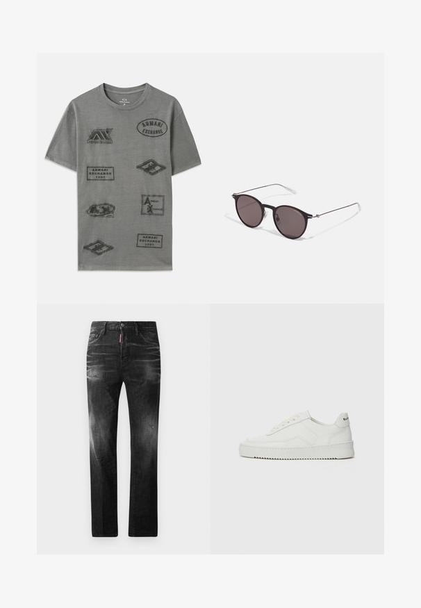 Gray cotton t-shirt featuring multiple embossed patches with "Armani Exchange" branding in various shapes and sizes. Crew neck design.; Black denim jeans with a straight fit. Features faded areas, minor distressing, classic five-pocket design, and a button closure.; White leather sneaker with a smooth finish, round toe, flat laces, and a textured sole. Features a subtle logo on the heel.; Black round sunglasses with dark lenses and slim metal arms. Includes clear temple tips and silver accents at the hinge. Minimalist design.