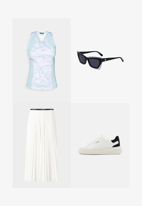 Hele sinine spordikliide, millel on valge alus, ja kujunduses on keerduv muster, võrgust paneelid ning racerback disain.; Kurtitudega valge seelik musta elastse vööga, millel on "LACOSTE" logo. Keskmise pikkusega disain pehme tekstuuriga.; Valged nahast tennisetossud paksu valge tallaga, musta sametist kontsakeeuga ja külje peal riigilogo reljeefne kujundus. Lukkeskeem kuue silmaauguga.; Mustad suured mustad prillid geomeetrilise kujuga, tumedate läätsedega ja kontrastse halli detailiga raamidel. Logo käe peal.