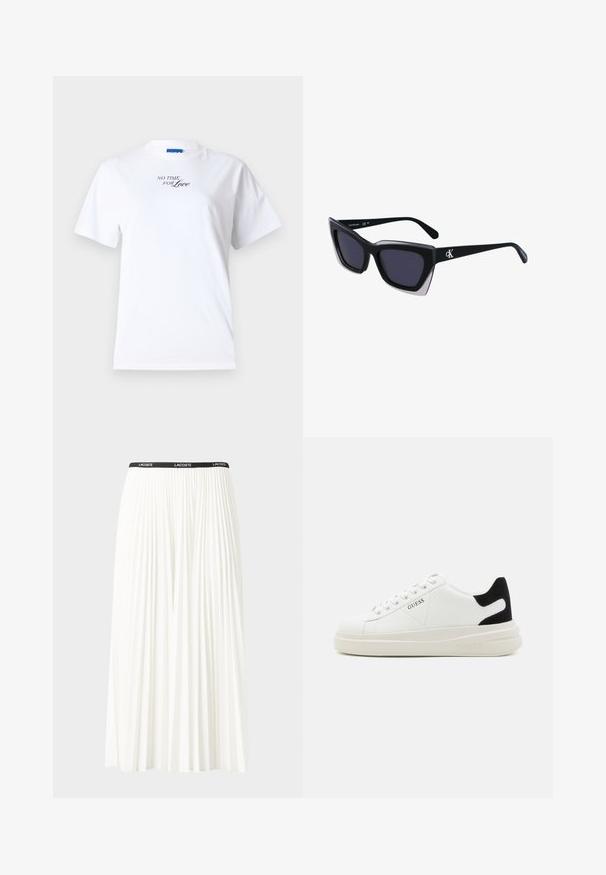 Baltas medvilnės marškinėliai su trumpomis rankovėmis ir apvaliu iškirpimu. Priekyje yra užrašas "NĖRA LAIKO MEILEI" juodais šriftu.; Pleated balta sijonas su juodu elastiniu juosmeniu, ant kurio yra "LACOSTE" logotipas. Vidutinio ilgio dizainas su švelnia tekstūra.; Baltos odinės sportbačiai su storu baltu padu, juodu nubuko kulno akcentu ir iškilmingu logotipu šone. Su raišteliais, turinčiais šešis akinius.; Juodos didelės saulės akinių su geometrine forma, turinčiais tamsius objektyvus ir kontrastingą pilką detalę ant rėmelio. Logotipas ant šalon.