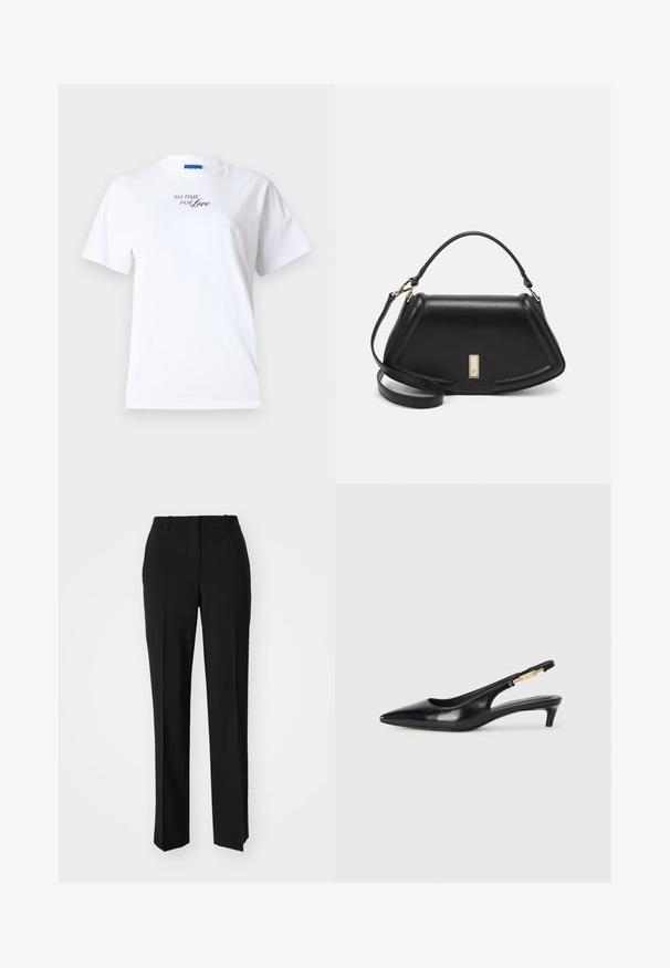 Camiseta de algodón blanca de manga corta y cuello redondo. Presenta el texto "NO TIME FOR Love" en letras cursivas negras en el frente.; Pantalones negros ajustados con un diseño de pierna recta, que presentan una textura suave y pliegues nítidos en el frente. Sin herrajes visibles.; Tacones negros de piel sintética tipo slingback con punta afilada, que cuentan con un tacón delgado y un detalle en tono dorado en la correa ajustable. Textura suave.; Bolso de mano de cuero negro con un diseño estructurado, que presenta una forma recortada, asa superior y acentos en dorado. Correa de hombro ajustable incluida.