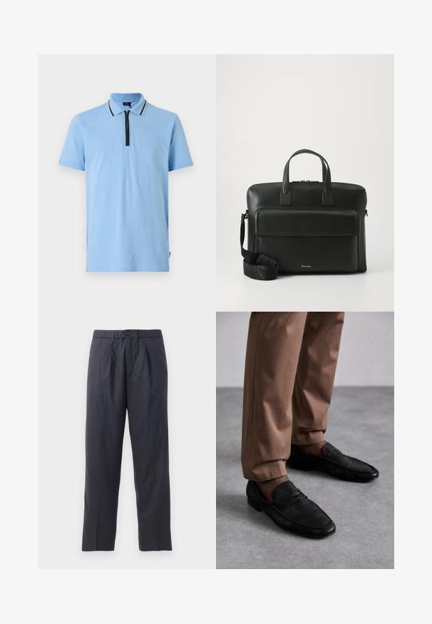 Hele sinine polo särk lühikeste varrukatega, kaelus ja tõmblukk ees. Omab kontrastseid triipe kaela ääres ja avamisel.; Tumed sinised püksid pehmest kangast, mille esiosal on volditud disain ja elastne vöökoht. Varustatud nupuga sulgemisega ja sirge lõikega.; Mustad mustikad tekstuuriga mustad mokassiinid, millel on ümmargune varvas ja madal profiil. Kombineeritud pronksist pükstega hallil pinnal.; Must jääst valmistatud portfell kahekordsete ülemiste käepidemetega, esikoti ja eemaldatava rihmaga, millel on peen bränding allosas.