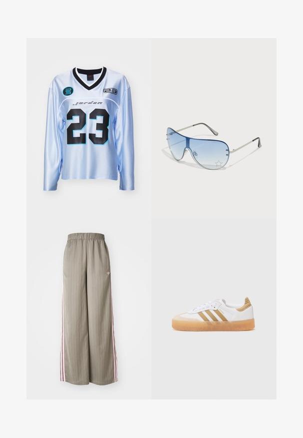 Heleheli sinine pika varrukaga särk mustade aktsentidega, millel on suur must number "23" ja logo plaastrid musta ja akva sinisega. Sile tekstuur.; Heledad oliivrohelised laiad püksid vertikaalsete triipudega, elastse vöökohaga ja roosa külgtriibuga. Funktsiooniks on väike logo puusal.; Valge tennisekets, millel on beežid aktsendid, kolmerealine mustriga, ümar toe ja läbipaistev kummitald. Sile nahk ja tekstiilmaterjalid.; Aviatori prillid, millel on gradient sinine objektiiv, hõbedane metallraam ja dekoratiivsed staaraktsendid objektiivil. Sujuv ja stiilne disain.