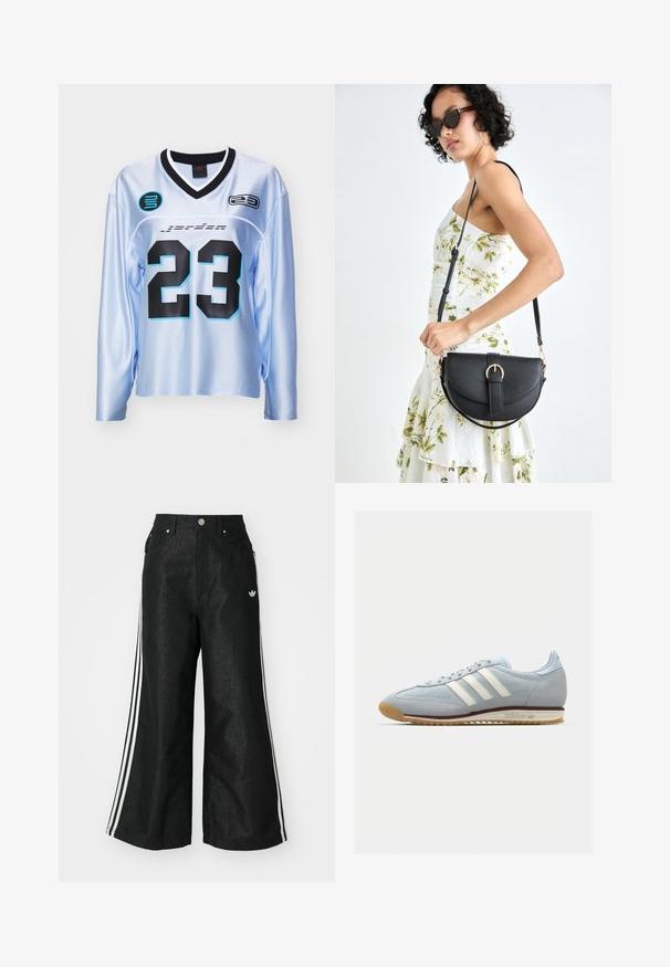Šviesiai mėlynas ilgomis rankovėmis džersis su juodos spalvos akcentais, turi didelį juodą numerį „23“ ir logotipo pleistrus juodos ir akvamarino spalvos. Lygi tekstūra.; Juodos plačios džinsinės kelnės su trimis baltais juostelėmis kiekvienoje pusėje ir mažu baltu logotipu. Yra priekiniai kišenės ir sagčių užsegimas.; Šviesiai mėlyni veliūriniai sportbačiai su baltomis trimis juostelėmis, guminis pado ir tekstūruota tinklinė medžiaga. Yra glotnus pirštų dangtelis ir ženklas ant kulno.; Juodas odinis krepšys su išlenkta forma, nuimamu dirželiu ir auksiniais detalėmis. Krepšys turi kilpą su sagtimi.