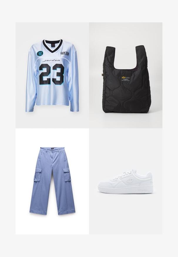 Šviesiai mėlynas ilgomis rankovėmis džersis su juodos spalvos akcentais, turi didelį juodą numerį „23“ ir logotipo pleistrus juodos ir akvamarino spalvos. Lygi tekstūra.; Šviesiai mėlyni krovinių kelnės, pagamintos iš lygaus audinio. Turi dvigubas šonines kišenes, laisvą siluetą ir tiesias kojas su siuvinėjimais.; Baltos sportbačiai, pagaminti iš sklandžios sintetinės medžiagos, su apvaliu pirštu, plokščiu padu ir subtiliais logotipo akcentais šonuose. Klasikinis žemas dizainas.; Juodas siuvinėtas pirkinių krepšys su plačiu atidarymu, išlenktomis formomis paviršiuje ir etikete, kurioje yra geltonos ir baltos spalvų tekstas priekyje.