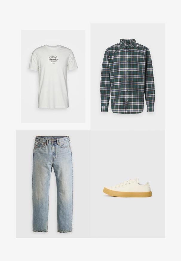 Biała bawełniana koszulka z krótkim rękawem, ozdobiona czarnym nadrukiem graficznym z tekstem. Prosty krój z okrągłym dekoltem, bez dodatkowych zdobień.; Zielona flanelowa koszula w kratę z niebieskimi, białymi i musztardowymi liniami. Zapięcie na guziki z przodu i spiczasty kołnierzyk. Długie rękawy.; Jasnoniebieskie dżinsy z wysokim stanem, z guzikiem z przodu, zamkiem błyskawicznym i pięcioma kieszeniami, ułożone na płasko na neutralnym tle.; Płócienne sneakersy w odcieniu ecru z okrągłym noskiem, charakteryzujące się beżowymi gumowymi podeszwami i pięcioma otworami na sznurówki, z teksturowanym wykończeniem cholewy.