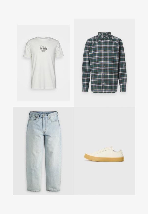 Hvit bomulls t-skjorte med et svart grafisk trykk med tekst. Korte ermer og rund hals, enkelt design uten ekstra pynt.; Grønn flanellskjorte med rutete mønster som har blå, hvite og sennepsgule linjer. Knapper foran og spiss krage. Lange ermer.; Lyse blå denimjeans med rett ben, fem lommer og knappestang; har falmede områder og subtile sømdetaljer.; Canvas sneakers i off-white med rund tå, med beige gummisåler og fem hull for lisser, strukturert finish på overdelen.