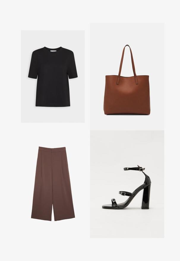 Crna pamučna majica s okruglim izrezom, kratkim rukavima i ravnim rubom. Jednostavan dizajn, bez vidljivih uzoraka ili naglasaka.; Smeđe hlače širokog kroja s glatkom teksturom, koje imaju visok struk i nabore sprijeda. Tkanina je lagana i slobodno se kreće.; Crne lakirane sandale na pete sa kvadratnim nosom, trakama oko gležnja i srebrnim kopčama. Imaju čvrst blok petu za stabilnost.; Smeđa kožna torba preko ramena s glatkom teksturom, otvorenim vrhom i dvjema naramenicama. Ima minimalne šavove i nema vidljivog hardvera.