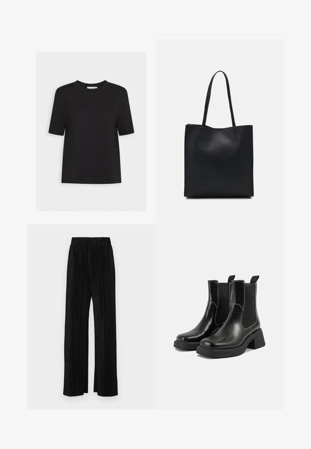 Black cotton t-shirt with a crew neck, short sleeves, and a straight hem. Simple design, no visible patterns or accents.; Black pleated trousers with an elastic waistband. Features wide legs and a smooth, textured fabric with vertical stripes.; Black leather Chelsea boots with a chunky heel, elastic side panels, and contrasting white stitching. Textured finish.; Black leather tote bag with smooth texture, rectangular shape, and two long handles. No visible hardware or embellishments.