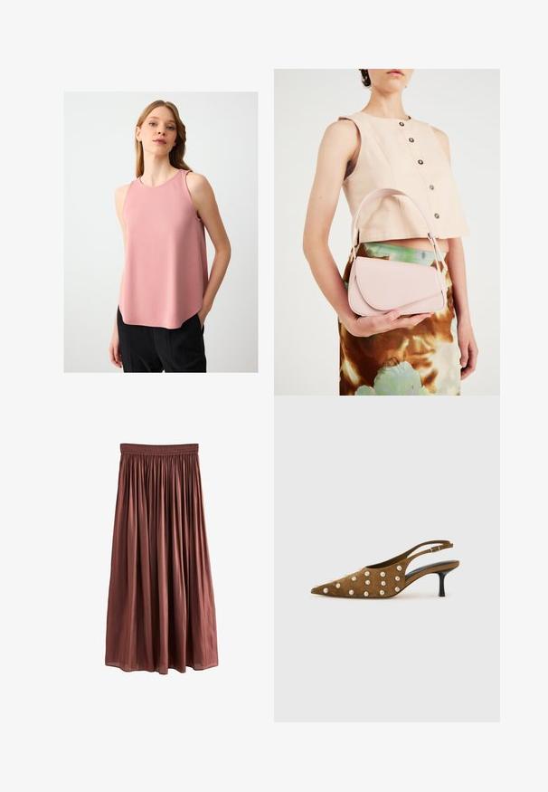 Top senza maniche di colore rosa con scollatura rotonda, tessuto morbido e orlo leggermente curvato, indossato con pantaloni neri.; Gonna marrone di lunghezza al ginocchio realizzata in tessuto leggero con una finitura testurizzata. Presenta una vita elastica e pieghe arricciate su tutta la superficie.; Scarpa slingback in suede marrone con tacco kitten e punta affilata, decorata con borchie rotonde in argento sulla parte superiore e laterale, su uno sfondo bianco uniforme.; Borsa in pelle rosa con pattina curva, tracolla singola e linee pulite. La borsa presenta una texture liscia e un design minimalista.