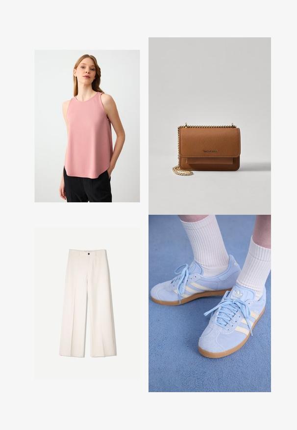 Roze mouwloze top met een ronde halslijn, zachte textuur en een iets gebogen zoom, gedragen met zwarte broek.; Crème brede broek met een tailored ontwerp, voorzien van twee voorzakken en een enkele sluiting met een knop aan de voorkant, gemaakt van een gladde stof.; Lichtblauwe suède sneakers met witte strepen, platte veters en een gumrubberen zool. Geribbelde witte sokken worden boven de enkel gedragen.; Bruine lederen schoudertas met textuur, voorzien van een gouden kettingstrap en klepsluiting. De voorkant heeft een logo-detail en een zak onder de klep.