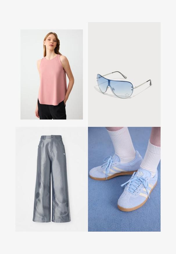 Rosa ärmelloses Top mit rundem Ausschnitt, weicher Textur und leicht gekurvtem Saum, getragen mit schwarzen Hosen.; Weite Hose aus glänzendem grauem Material, ausgestattet mit weißen seitlichen Streifen und einem Flammenmuster an den Unterschenkeln. Knopf- und Reißverschlussverschluss an der Taille.; Hellblaue Wildledersneaker mit weißen Streifen, flachen Schnürsenkeln und einer Sohle aus Gummi. Am Knöchel werden gerippte, weiße Socken getragen.; Flugzeugbrille mit einem verlaufenden blauen Glase, silbernem Metallrahmen und dekorativen Sternelementen auf dem Glas. Glattes und elegantes Design.