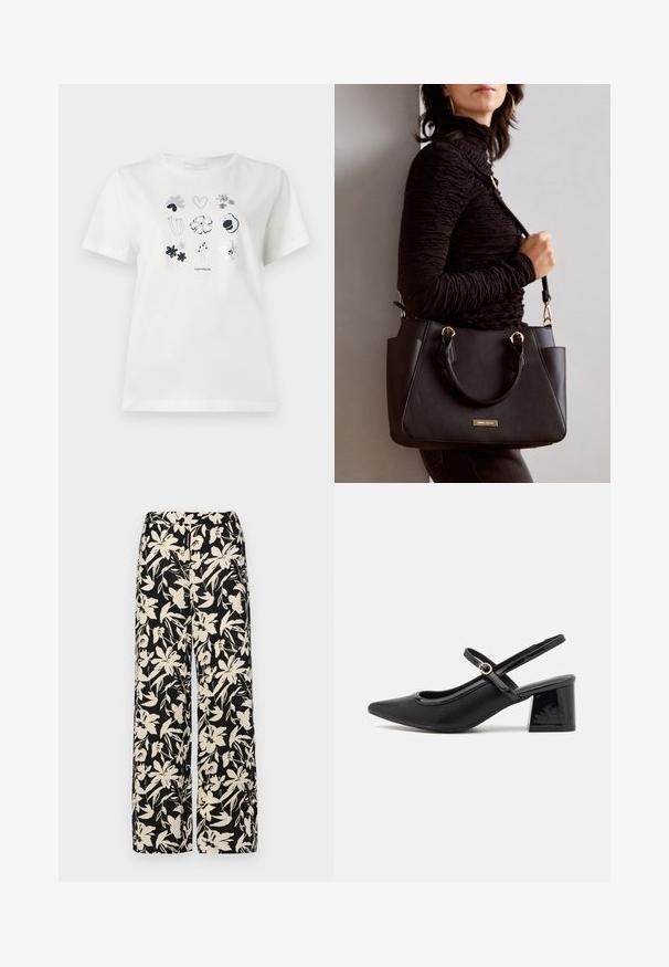 Weißes Baumwoll-T-Shirt mit einem bedruckten Design aus Blumen und Herzen in Marineblau und Grau. Rundhalsausschnitt und kurze Ärmel, lässige Passform.; Schwarze weit geschnittene Hose mit einem cremefarbenen Blumenmuster. Hergestellt aus leichtem Stoff, mit einer glatten Textur und einem hohen Bund.; Schwarze Lackleder-Slingback-Absätze mit spitzer Zehenform, einem runden Ausschnitt-Design und einem Blockabsatz. Mit einem goldfarbenen Schnallenakzent.; Schwarze Handtasche mit strukturierten Oberflächen, doppelten Obergriffen und verstellbarem Schultergurt. Mit goldfarbener Hardware und Seitentaschen.