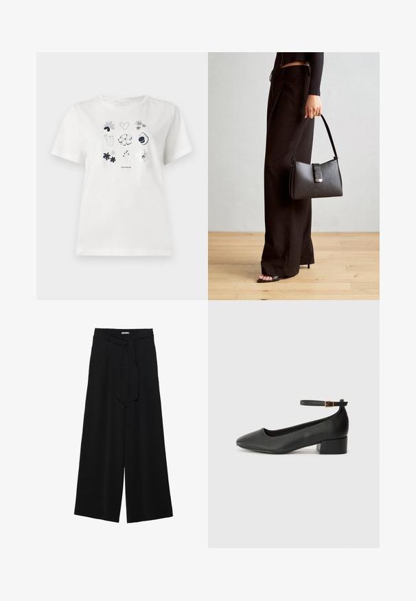 Hvid bomulds t-shirt med et trykt design af blomster og hjerter i navy og grå. Rund hals og korte ærmer, afslappet pasform.; Sorte vide bukser i en tekstureret stofkvalitet, med elastisk talje og et aftageligt bånd i taljen for justerbar pasform.; Sorte læderpumper med spids tå og en lav blokhæl. Har en ankelrem med en guldfarvet spænde. Glat tekstur.; Sort håndtaske med struktureret form, glat overflade og metalspænde. Sammen med brede sorte bukser og sandaler med åben tå på trægulv.