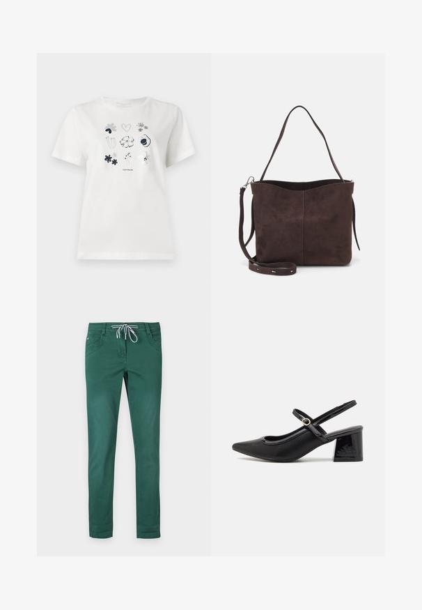 Valkoinen puuvillapaita, jossa on painettu kukka- ja sydänkuvio tummansinisellä ja harmaalla. Pyöreä kaula-aukko ja lyhyet hihat, rento malli.; Vihreät puuvillasekoitetekstiilistä valmistetut housut, joissa on suora lahje, naru vyötäröllä ja kaksi etutaskua. Liukas pinta ilman kuvioita.; Musta lakattu nahka slingback-korkokengät, joissa on terävä kärki, pyöreä aukko-muotoilu ja lohkokorko. Varustettu kultasävyisellä solkiyksityiskohdalla.; Ruskea mokkanahkainen kassi, jonka pinta on pehmeä. Kassissa on yksi olkahihna ja hienovarainen, kaareva yläaukeama. Ei näkyviä metalliosia.