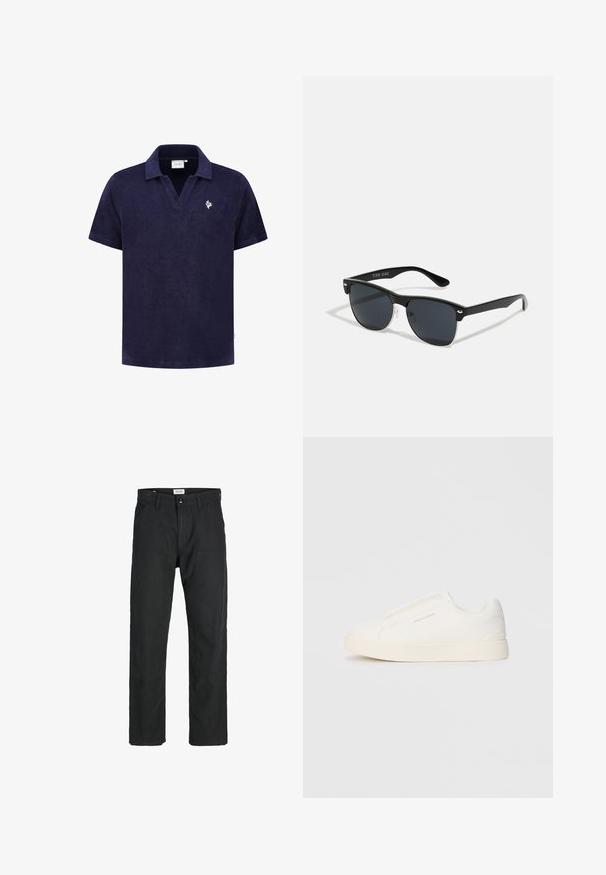 Granatowa polo z frotte z dekoltem w serek, krótkimi rękawami i białym logo na lewej piersi, charakteryzująca się miękką teksturą.; Czarne spodnie wykonane z trwałego materiału, z prostym krojem nóg, przeszyciami i dwiema przednimi kieszeniami dla funkcjonalności.; Białe sneakersy wsuwane z teksturowanej powierzchni, grubą podeszwą i minimalistycznym designem. Zawierają logo marki z boku.; Czarne okulary przeciwsłoneczne o prostokątnym kształcie, ciemnych soczewkach, srebrnych akcentach na zausznikach oraz matowym wykończeniu oprawki.