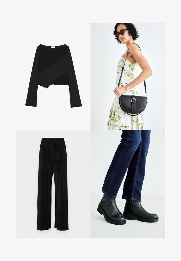 Svart langermet topp med en teksturert, asymmetrisk design, med scalloped kanter og en kort lengde. Laget av et ribbet materiale.; Sorte plisserte bukser med elastisk midje. Har vide ben og et glatt, strukturert stoff med vertikale striper.; Sorte lær ankelsko med en kraftig såle og elastiske paneler på siden, kombinert med mørkeblå jeans. Underlaget er lyst.; Svart lærveske med en buet form, avtagbar stropp og gullbeslag. Vesken har et klaff med spenne-detall.