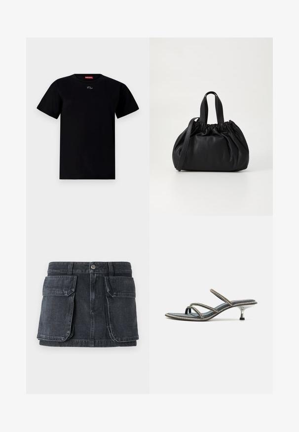 Črna bombažna majica s kratkimi rokavi in okroglim ovratnikom, z majhnim emblemom na sredini prsnega dela. Mehka tekstura in običajen kroj.; Črna denim krila s prilega pasom, zapiranjem na gumb, dvema velikima sprednjima žepoma in kontrastnim šivanjem.; Jeans sandala s tremi tankimi trakovi okrašenimi s kristali, s koničastim prstom in kovinskim peto v stiletto stilu. Nonslip dno.; Črna usnjena torbica z zloženim zgornjim dizajnom, opremljena z dvema kratkima ročkama in dolgo nastavljivo naramnico. Gladka tekstura, okrogla oblika.