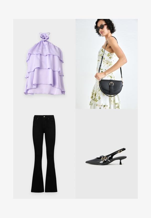 Lilac, layered top made of lightweight fabric with a ruffled design and a rose-shaped accent at the neckline. Smooth texture, sleeveless.; Black flared jeans made of denim. Features a button closure, five pockets, and a smooth texture. The flared leg starts below the knee.; Black patent leather slingback heels with a pointed toe, dual straps featuring gold buckles, and a short kitten heel. Smooth texture.; Black leather handbag with a curved shape, detachable strap, and gold hardware. The bag features a flap with a buckle detail.