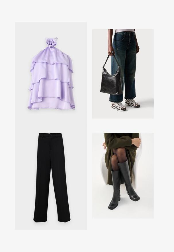 Lilac, slāņota blūze, kas izgatavota no viegla auduma ar grimstošu dizainu un rozes formas akcentu ap kaklu. Gluda tekstūra, bez piedurknēm.; Melnas platajās bikses, kas izgatavotas no gludas auduma, ar klasisku jostu un pogu aizdari, kā arī priekšējām kroku detalizācijām.; Ceļgalu augstuma melni ādas zābaki ar kvadrātu purngalu un bloku papēdi, attēloti modelī, kurš sēž olīvu zaļā mētelī. Gluda tekstūra, minimāla apdare.; Melna ādas pleca soma ar gludu tekstūru un regulējamu siksnu, saskaņota ar izbalējušām platām biksēm un sportiskām kedām.