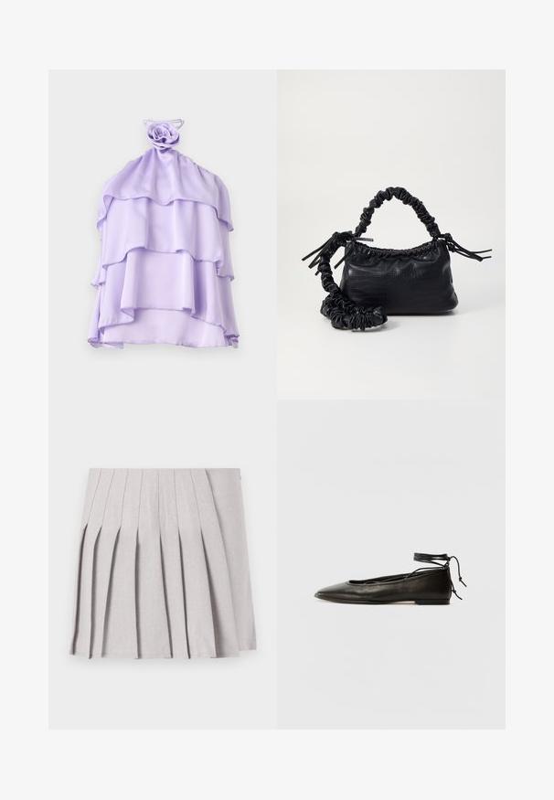 Top lejer, de culoare lila, dintr-un material ușor, cu un design cu volane și un accent în formă de trandafir la guler. Textură fină, fără mâneci.; Fustă plisată gri, cu o textură netedă, având multiple plii verticale și o talie ajustată. Fabricată din material ușor.; Balerini din piele neagră, cu vârf ascuțit, șnur pentru glezna și talpă plată, având o textură netedă și un design minimalist.; Geantă din faux leather neagră cu textură de crocodil, cu partea superioară strânsă și o curea mototolită. Pare moale și compactă ca design.