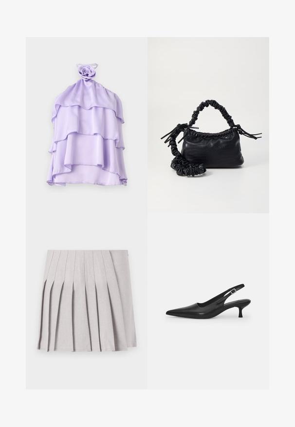 Lila, večplastna majica iz lahkega materiala z nabranim dizajnom in poudarkom v obliki vrtnice pri ovratniku. Gladka tekstura, brez rokavov.; Siva plisirana krila z gladko teksturo, ki ima več navpičnih gub in prilegajoč pas. Narejena iz lahkega materiala.; Črne usnjene sandale z odprtim peto in konično oblikovanim prstom ter ozkim, ukrivljenim petnim delom. Imajo diskretno nastavljivo zaponko z kovinsko sponko.; Črna torbica iz umetnega usnja s krokodilovo teksturo, z zvitim vrhom in zmečkano naramico. Zdi se mehka in kompaktna v oblikovanju.