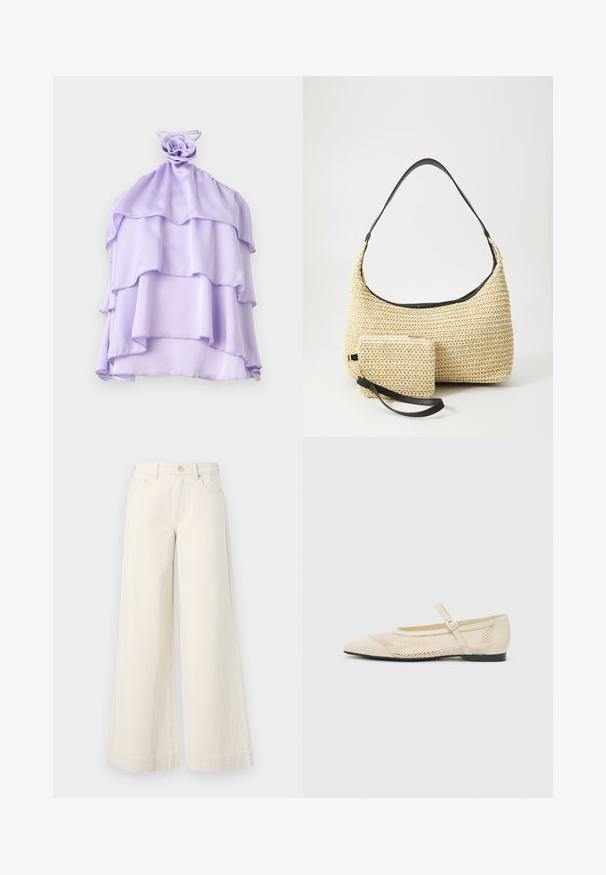 Top a strati di colore lilla realizzato in tessuto leggero con un design arricciato e un accento a forma di rosa sul colletto. Texture liscia, senza maniche.; Pantaloni in denim leggeri e a gamba larga color beige chiaro, con vita alta, due tasche frontali, chiusura con bottone e dettagli di cucitura sottili.; Ballerine beige con punta affusolata, sovrapposizione in rete e cinturino laterale con fibbia. Suola piatta con una texture liscia.; Borsa in paglia intrecciata con silhouette curva, dotata di una tracolla in pelle nera liscia e di una piccola pochette abbinata, attaccata da un cinturino da polso.