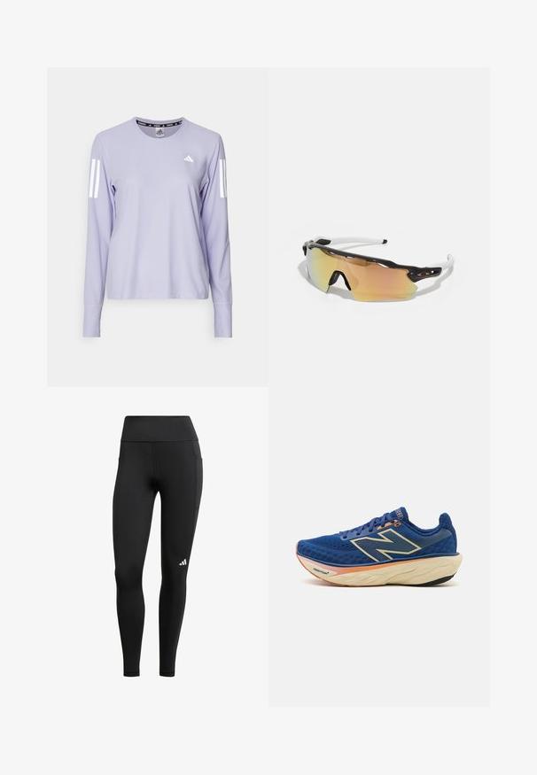 adidas Performance Camiseta de manga larga - violet tone; Leggings deportivas negras con una cinturilla alta, hechos de un tejido elástico; cuentan con un bolsillo lateral y un pequeño logo blanco cerca del dobladillo.; Zapatilla de running azul con parte superior de malla transpirable, collar acolchado y suela acolchada con un acento naranja. Se puede ver la marca "Fresh Foam".; Gafas de sol con montura en blanco y negro, lentes grandes espejados en tonos dorados y rosas, diseño aerodinámico y un borde exterior ampliado.
