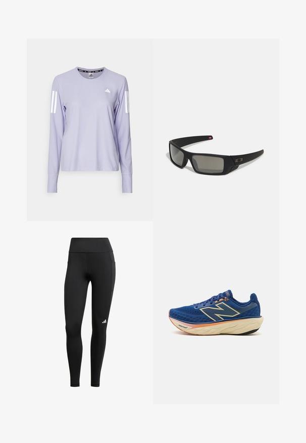 adidas Performance Langarmshirt - violet tone; Schwarze Sportleggings mit hohem Bund, aus dehnbarem Stoff; verfügen über eine Seitentasche und ein kleines weißes Logo nahe dem Saum.; Blauer Laufschuh mit atmungsaktivem Mesh-Obermaterial, gepolstertem Kragen und einer gepolsterten Sohle mit orangefarbenen Akzenten. "Fresh Foam"-Branding sichtbar.; Schwarze Sonnenbrille mit matter Oberfläche, rechteckigen Gläsern, leichtem Bogen an den Schläfen, dezentem Logo-Detail und rauchgetönten Gläsern.