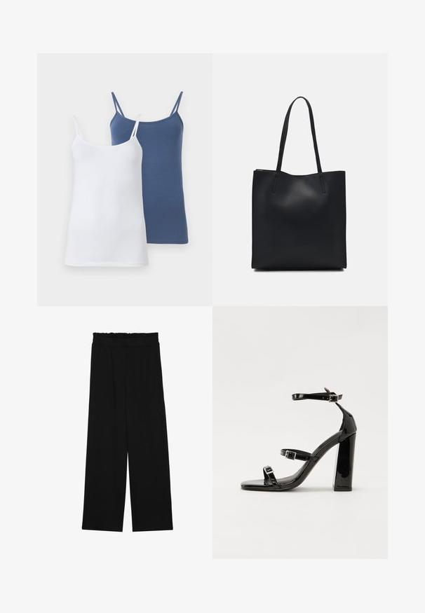 Két pántos felső, az egyik fehér, a másik kék, vékony spagetti pántokkal, fitted fazonnal és sima pamut keverék anyaggal.; Fekete, bőszárú nadrág fodros derékrésszel, két oldalsó zsebbel és sima, könnyű anyagból. Nincsenek látható minták vagy fémalkatrészek.; Fekete lakk magas sarkú szandál négyzet alakú orral, bokapántokkal és ezüst csatokat tartalmaz. Masszív blokk sarka a stabilitásért felel.; Fekete bőrtáska sima felszínnel, téglalap alakú, két hosszú füllel. Nincs látható fémkiegészítő vagy díszítés.
