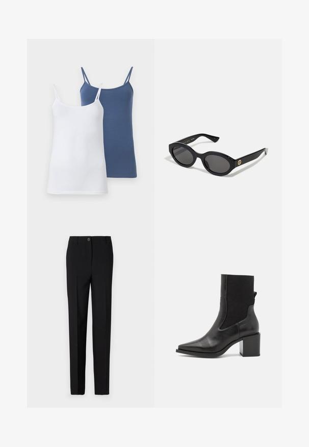 Dvě tílka, jedno bílé a jedno modré, s tenkými ramínky, přiléhavým střihem a hladkým materiálem z bavlněné směsi.; Černé přizpůsobené kalhoty se střihovým designem s rovnými nohavicemi, s knoflíkovým zapínáním a poutky na opasek, vyrobené z hladké látky.; Černé kotníkové boty s špičatou špičkou, vyrobené z hladké kůže a elastické tkaniny. Mají blokový podpatek a minimalistický design.; Černé oválné sluneční brýle s tmavými skly a lesklým plastovým rámem. Obsahují zlaté logo na straně, které poskytuje elegantní a moderní design.; Modrá vzorovaná taška vyrobená z látky, s oblým tvarem, černým koženým popruhem a logem v světlejším odstínu.