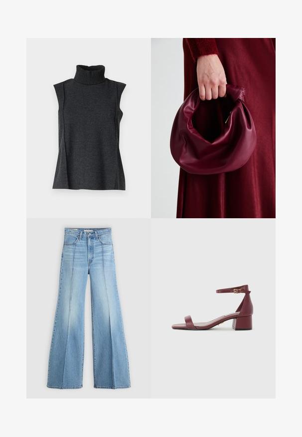 Tumši pelēks bez piedurknēm turtlenecks tops, kas izgatavots no mīksta auduma. Tam ir ribota apkakle un sānu šuves, nodrošinot brīvu fit.; Gaiši zilo augsto jostas vidukļa džinsu bikses ar platām kājām, priekšējiem un aizmugurējiem kabatām, jostas cilpām un vertikālām šuvju detaļām priekšā.; Burgundijas ādas sandales ar kvadrātveida purngalu, plānu potītes siksniņu, zelta detaļām un masīvu bloku papēdi. Gluda tekstūra un minimālisma dizains.; Burgundijas ādas rokassoma ar mīkstu, sakrautu dizainu un apaļu formu. Rokturi ir nostiprināti, parādot gludu tekstūru.