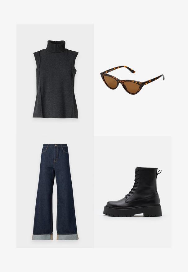 Top fără mâneci, de culoare gri închis, cu guler înalt, confecționat dintr-un material tricotat moale. Are un guler ribetat și cusături laterale pentru o potrivire lejeră.; Jeans din denim închis cu picioare largi, cu cusături portocalii, având talie înaltă, două buzunare frontale și manșete rulote care evidențiază un material contrastant de culoare albastru deschis.; Botine din piele neagră, până la gleznă, cu vârful rotund, șireturi în față și o talpă groasă din cauciuc cu un model texturat. Fâșie de tragere la spate.; Ochelari de soare în stil cat-eye, cu o ramă din material cu tortoiseshell negru și portocalie, lentile maro și vârfuri elegante, ascuțite. Prezintă un logo minimal pe brățara ochelarilor.