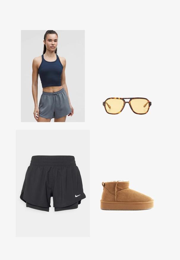Top sportivo a coste di colore blu navy con spalline sottili, abbinato a pantaloni shorts con vita elastica di colore grigio chiaro, caratterizzati da una vestibilità comoda e cordino.; Pantaloni sportivi neri con una vita elastica, fodera interna e spacchi laterali. Presentano un logo Nike bianco sulla parte anteriore sinistra.; Stivale alla caviglia in suede marrone con una morbida fodera interna, punta arrotondata e suola piatta in gomma. Caratterizzato da una cucitura e da una linguetta posteriore per il richiamo.; Occhiali da sole tartarugati con design geometrico, lenti gialle e dettagli in metallo sulle tempie. Montatura ampia e texture opaca.
