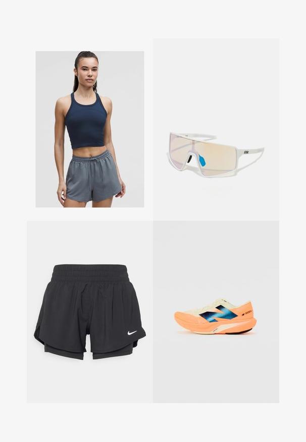 Tengerészkék, bordázott sportmellény vékony pántokkal, világosszürke, rugalmas derékpántos rövidnadrággal párosítva, amely laza fazonú és zsinórral ellátott.; Fekete sportnadrág elasztikus derékrésszel, belső béléssel és oldalsó hasítékokkal. A bal elülső oldalon egy fehér Nike logó található.; Futócipő könnyű krém színű felsőrésszel, kék márkázással és narancssárga kiemelésekkel a talpon. Hálós textúra a légáteresztőség érdekében.; Fehér keretes napszemüveg nagy, színátmenetes lencsékkel, amelyek rózsaszín és világos narancssárga árnyalatúak. Kék orrdísszel és logóval kiemelve.