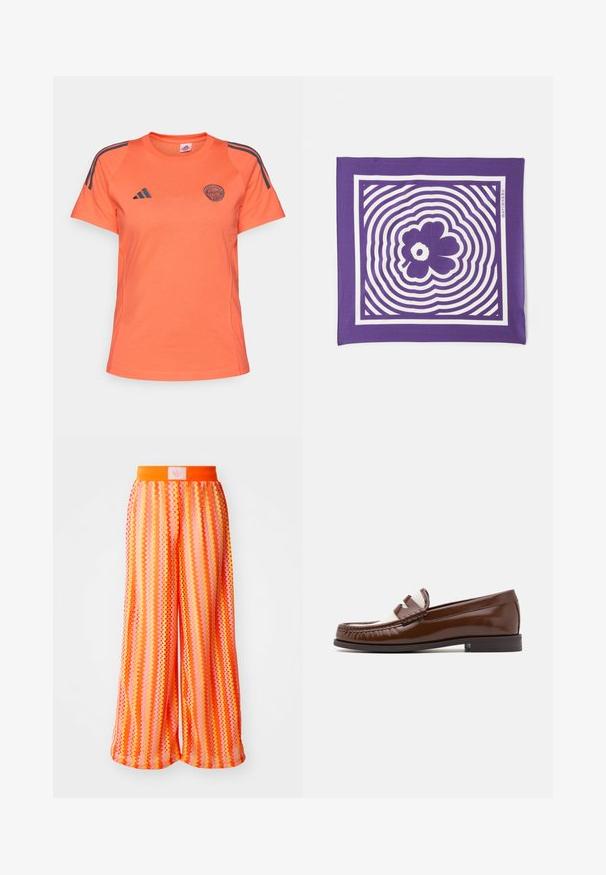 Oranža sporta T-krekls ar īsām piedurknēm, ar tumši ziliem svītrām uz pleciem un izšūtu logo uz priekša, izgatavots no viegla materiāla.; Plati svārki ar zigzag rakstu spilgtos apelsīnu un rozā toņos, ar elastīgu jostasvietu un logotipa birku aizmugurē.; BOSS Mokasīni - medium borwn; Violeta kvadrāta šalle ar baltu ziedu rakstu centrā, ko ieskauj koncentriskas viļņu līnijas. Gluda auduma tekstūra.; Burgundijas zamša somiņa ar brūnām ādas rokturiem, ar ģeometrisku šuvju dizainu un zelta logotipu apakšā. Plaša un strukturēta forma.