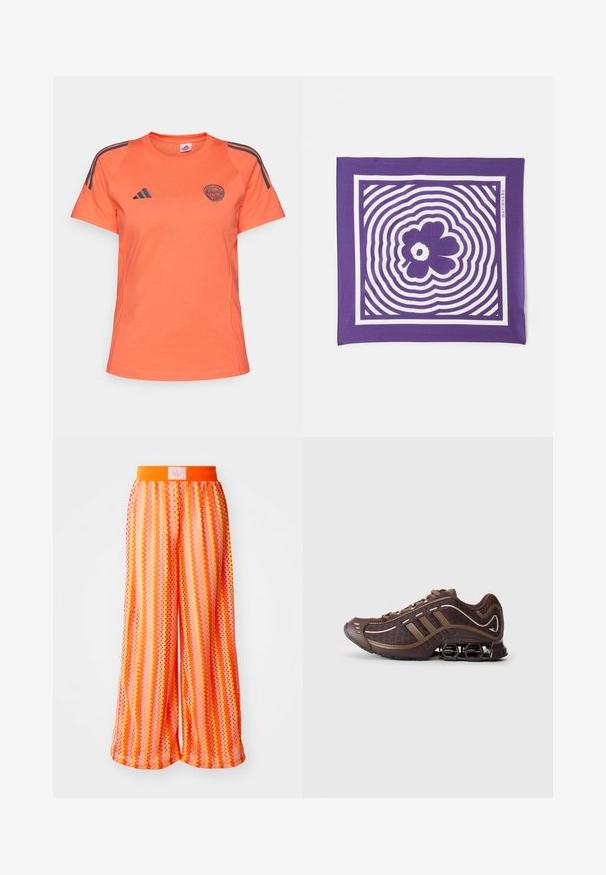 Oranssi urheilupaita lyhyillä hihoilla, jossa on laivastonsiniset raidat hartioilla ja brodeerattu logo etupuolella, valmistettu kevyestä materiaalista.; Housut leveillä lahkeilla, joissa on zigzag-kuvio kirkkaissa oranssin ja vaaleanpunaisen sävyissä, joustava vyötärö ja logotagi takana.; Ruskeat urheilukengät, joissa on verkkovuori ja synteettinen päällinen, kolmonen raita, yksityiskohtainen ompelu, pehmustettu pohja ja tyypillinen joustava kanta.; Violetti neliöhuivi, jossa on valkoinen kukkakuosi keskellä, jota ympäröivät keskittyneet aaltoilumallit. Silkkinen kangastuntuma.; Kultaista paljettikangasta oleva nyöriolkalaukku, jossa on pyöreä kahva, kiiltävät pyöreät paljetit ja teksturoitu kangas. Mittoja ei ole ilmoitettu.