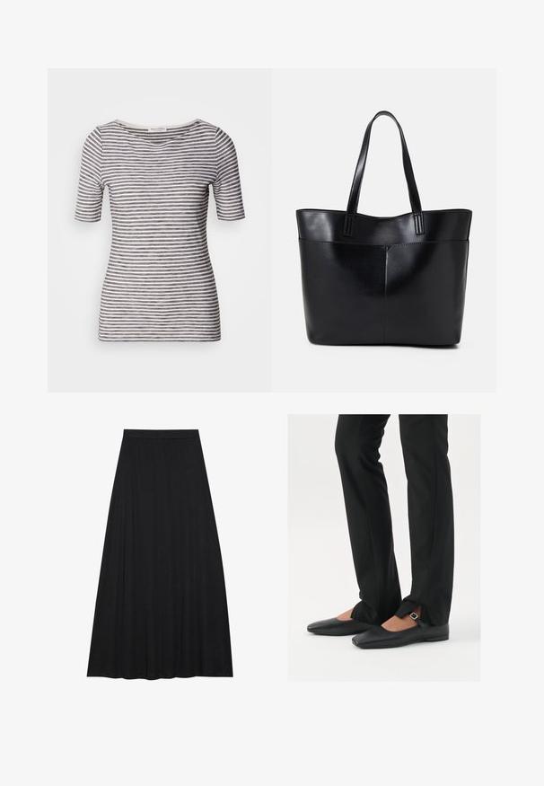 Raidallinen t-paita valkoisena ja laivastonsinisinä, lyhyillä hihoilla, pyöreällä kauluksella, istuvalla muotolla ja pehmeällä tekstuurilla. Kankaan pinta näyttää kevyeltä ja hengittävältä.; Musta maksihame, joka on valmistettu pehmeästä ja virtaavasta kankaasta. Siinä on joustava vyötärö ja täysi A-linjainen siluetti, jossa on sileä pinta.; Musta nahkakengät balettityylillä, kärjessä terävä muoto, hihna hopeasoljella, yhdistetty mustiin räätälöityihin housuihin, joissa on halkiohelma.; Musta nahkainen kassi, jossa on kaksi pitkää kahvaa, sileä pinta ja jämäkkä muoto. Sisältää etutaskun lisävarastointia varten.; Hope-silver rengas, joissa on sileä ja kiillotettu pinta. Pyöreä muoto ja turvallinen napsautettava lukitus. Kevyt muotoilu sopii päivittäiseen käyttöön.