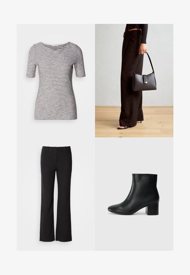 Pruhované tričko v bílé a námořnické modři s krátkými rukávy, kulatým výstřihem, přiléhavým střihem a měkkou texturou. Materiál vypadá lehce a prodyšně.; Černé kalhoty z bavlněné směsi se střihem rovného nohavice, se zapínáním na knoflík vpředu a dvěma bočními kapsami. Hladká textura, žádné viditelné vzory.; Černé kožené kotníkové boty s špičatou špičkou a robustním podpatkem. Hladký povrch s minimálními akcenty a elegantním, přiléhavým designem.; Černá kabelka se strukturovaným tvarem, hladkým povrchem a kovovým uzávěrem. Kombinována s širokými černými kalhotami a sandály s otevřenou špičkou na dřevěné podlaze.