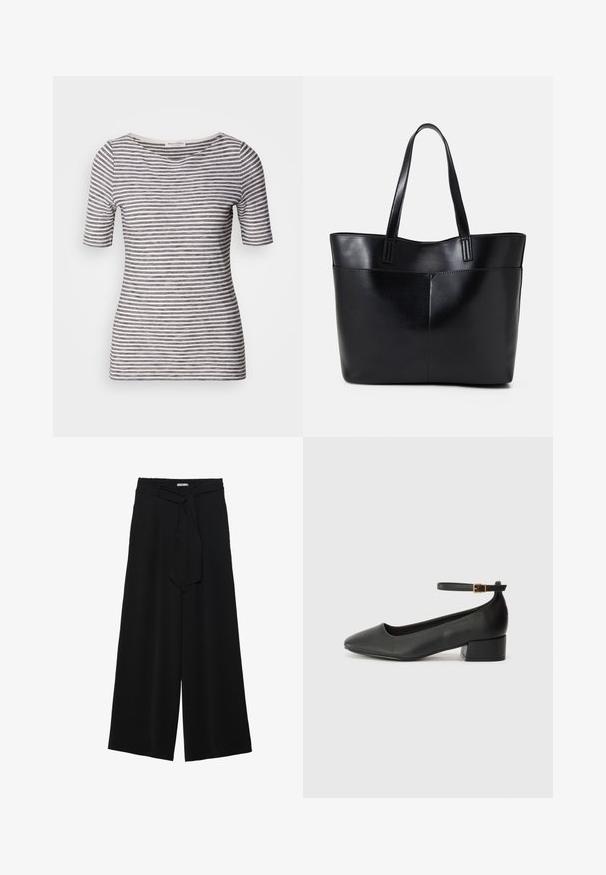 Balta ir tamsiai mėlyna juostuota marškinėliai su trumpomis rankovėmis, apvaliu kaklu, prigludusios formos ir švelnios tekstūros. Audinys atrodo lengvas ir oro pralaidus.; Juoda plačių kojų kelnės, pagamintos iš tekstūruoto audinio, su elastingu juosmeniu ir atsegamu diržu juosmenyje, leidžiančiu reguliuoti dydį.; Juodas odinis aukštakulnis batelis su smailiu pirštu ir žemu bloku. Su kulkšnies dirželiu su auksinės spalvos sagtimi. Lygus paviršius.; Juoda odinė rankinė su dviem ilgais diržais, lygiu paviršiumi ir struktūrizuota forma. Yra priekinė kišenė papildomam saugojimui.