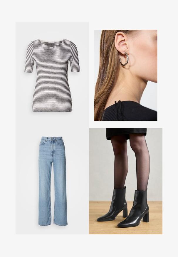 T-shirt às riscas em branco e azul-marinho com mangas curtas, decote redondo, formato ajustado e textura suave. O tecido parece leve e respirável.; Jeans de cintura alta de cor azul clara, com perna reta, feitos de denim, apresentando um fecho frontal com botão e detalhes de desbotamento subtil.; Botas de tornozelo em couro preto com bico fino, salto quadrado robusto e design elegante. Apresenta painéis laterais elásticos para facilitar o calçar.; Brinco de argola prateada com acabamento polido, apresentando pequenos detalhes em dourado e uma forma redonda, usado na orelha.