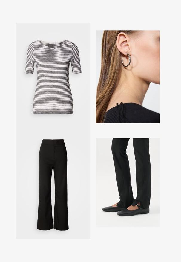 Valge ja tumesinise triibuga T-särk, lühikeste varrukatega, ümar kaelus, sobiv vorm ja pehme tekstuur. Kangas näib kerge ja hingav.; Mustad laiad püksid sujuva tekstuuriga, kõrge vöökoht ja puhas disain. Ei ole nähtavaid taskuid ega dekoreerimist.; Mustadast mustast nahast balletkingad terava ninaga, millel on rihm hõbedase klambriga, kokku sobitatud mustade ülikondpükstega, millel on lõhiku serv.; Hõbedane rõngas kõrvarõngas poleeritud viimistlusega, millel on väikesed kuldsed aktsendid ja ümmargune kuju, kantud lobus.