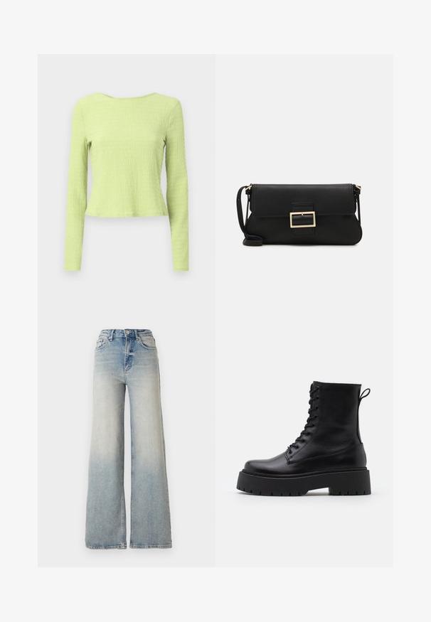 Pikad varrukad, lühendatud topp tekstuurses helesinisest kangast, laeva kaelusega ja veidi istuva siluetiga. Ükski nähtav muster ega aktsent puudub.; Heledad sinine laia säärega teksapüksid, mis on valmistatud denimist, kõrge vöökoht, viis taskut ja nähtav õmblemine õmbluste ääres.; Mustad mustad nahast pahkluu saapad ümarate varvastega, nööridega esiosas ja paksu kummist talla ning tekstuuritud mustriga. Tagumine tõmbeaas.; Must haben musta nahkklahviga kott, millel on klapp ja kuldne metallist pandla detail. Kaasas must rihm ja stiilne, minimalistlik disain.; Kulla värvi nõelad, õhukesed ja ümmargused, millel on sile metallist pind ja ilma kaunistuste või mustriteta.