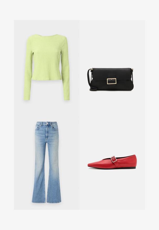 Dugi rukavi usko krojeni top od teksturirane svijetlozelene tkanine s brod izrezom i blago prilagođenim siluetom. Nema vidljivih uzoraka ili akcenta.; Svijetloplave široke traperice s visokim strukom, pet džepova i suptilnim gradijentnim izbljeđivanjem prema rubu.; Crvene kožne ravne cipele sa špicastim vrhom, koje imaju bočnu traku s metalnom kopčom i nizak crni potplat. Glatka tekstura kroz cijelu cipelu.; Crna kožna clutch torbica s preklopom i zlatnim metalnim detaljem kopče. Uključuje crnu trakicu i elegantan, minimalistički dizajn.; Zlatne kružne naušnice s glatkom, sjajnom završnom obradom. Kružni dizajn s malom potporom i prozirnom podlogom za sigurno nošenje.