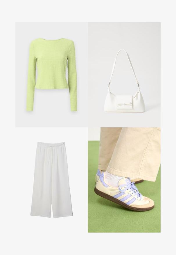 Langärmliges Cropped-Top aus strukturiertem, hellgrünem Stoff mit einem Bootsausschnitt und leicht taillierter Silhouette. Keine sichtbaren Muster oder Akzente.; Weiße, weit geschnittene Hosen aus leichtem Stoff, mit einem elastischen Bund und einem Zugband für eine verstellbare Passform. Glatte Textur.; Cremefarbene und lavendelfarbene Sneakers mit drei Streifen und einer strukturierten braunen Sohle, ausgestattet mit Schnürsenkeln und einer gepolsterten Ferse. Obermaterial aus weichem Stoff.; Weiße synthetische Handtasche in dreieckiger Form, flache Vorderklappe und Schleifendetail, verstellbarer Trageriemen, glatte Textur und minimalistisches Design.