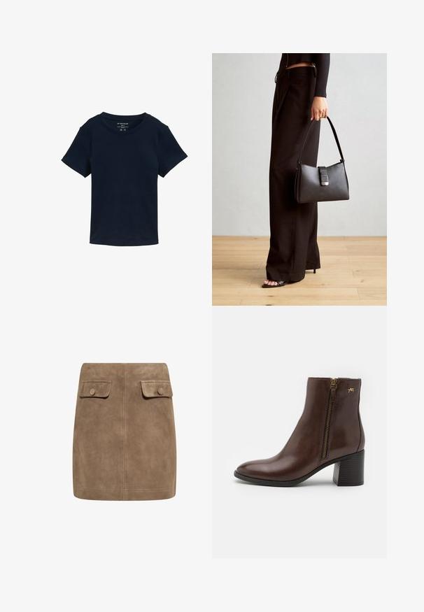 Kék, rövid ujjú pamut póló, kerek nyakkivágással és egyszerű, díszítés nélküli szabással, normál fazonnal.; Barna, hosszú ujjú felső, széles nyakkivágással és az egyik oldalon csomó részlettel, puha, texturált anyagból készült.; Barna szarvasbőr mini szoknya sima textúrával, két elülső hajtókával és gombos záródásokkal mindkét oldalon. Egyszerű, egyenes szabás.; Barna bőrből készült bokacsizma kerek orral, oldalsó cipzárral, arany színű fémrészekkel és blokk sarokkal, melynek felülete textúrázott mintázatú.; Fekete kézi táska strukturált formával, sima textúrával és fémből készült záródással. Széles fekete nadrággal és nyitott orrú szandállal párosítva, fából készült padlón.