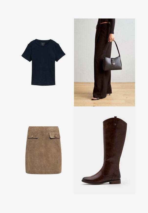 Námornícky modré tričko s krátkym rukávom vyrobené z bavlny, s okrúhlym výstrihom a jednoduchým, neupraveným dizajnom s klasickým strihom.; Hnedá semišová mini sukňa s hladkou textúrou, ktorá má dva predné vrecká s klopou a gombíkové zapínanie na každej strane. Jednoduchý, rovný dizajn.; Hnedé čižmy po kolená vyrobené z hladkej kože, s okrúhlou špičkou, nízkym zúženým podpätkom a jemným prešívaním pozdĺž strán.; Čierna kabelka so štruktúrovaným tvarom, hladkou textúrou a kovovou sponou. V kombinácii so širokými čiernymi nohavicami a sandálmi s otvorenou špičkou na drevenej podlahe.