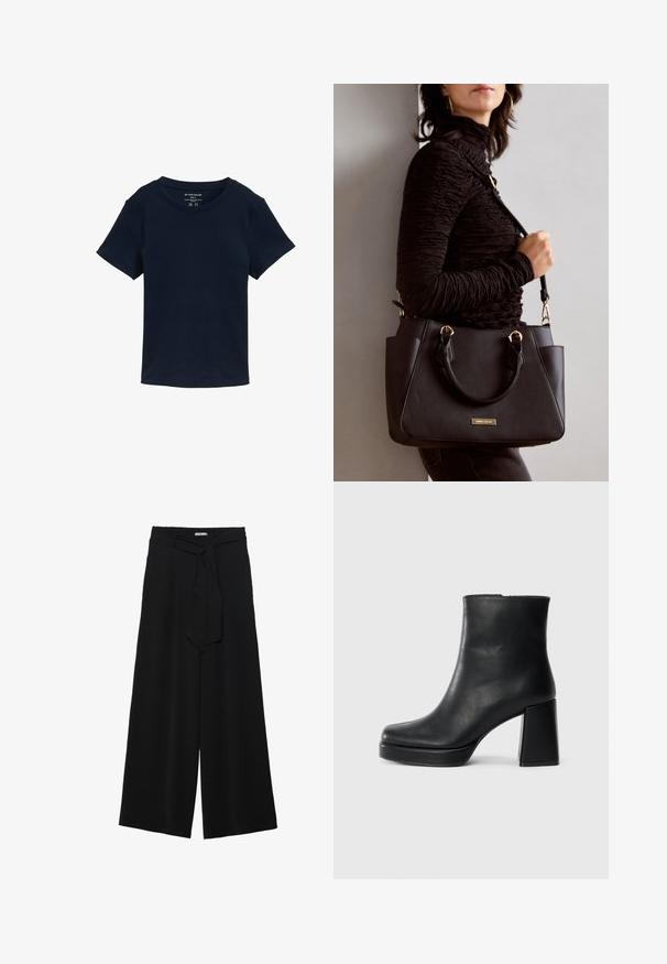Marineblauwe T-shirt met korte mouwen van katoen, met een ronde halslijn en een eenvoudig, onopgesmukt ontwerp met een normale pasvorm.; Zwarte wijde broek van textuurstof, met een elastische tailleband en een afneembare sjaalstrik in de taille voor een verstelbare pasvorm.; Zwarte leren enkelboot met een blokhak en platformzool, zijaanzicht op een effen witte achtergrond.; Zwarte handtas met gestructureerd oppervlak, dubbele bovenhandvatten en verstelbare schouderriem. Voorzien van goudkleurige hardware en zijzakken.